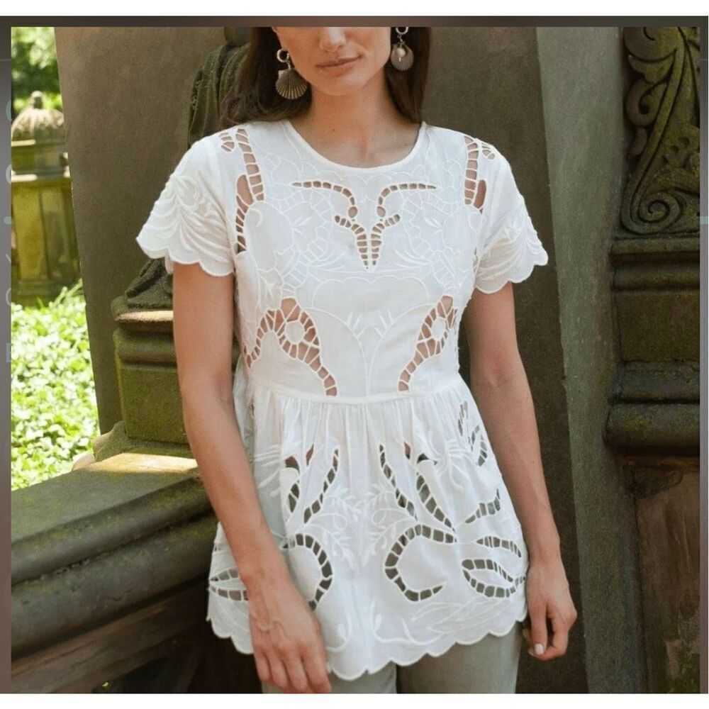 Guadalupe Size M Chloe Embroidered Peplum Blouse Off White Coastal Feminine NWT